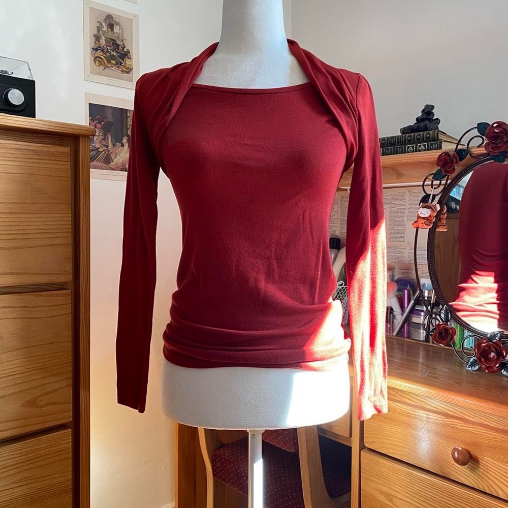 Orange Red Y2K Long Sleeve Top With Square Neck Micro Jacket Neckline